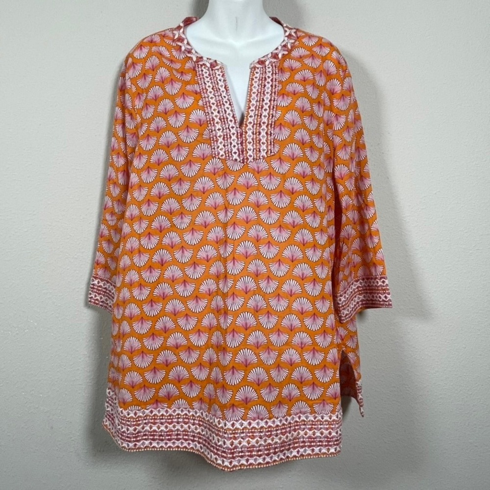 Sigrid Olsen Tunic Top Womens XL Orange Cotton Coastal Resort Embroidered Boho